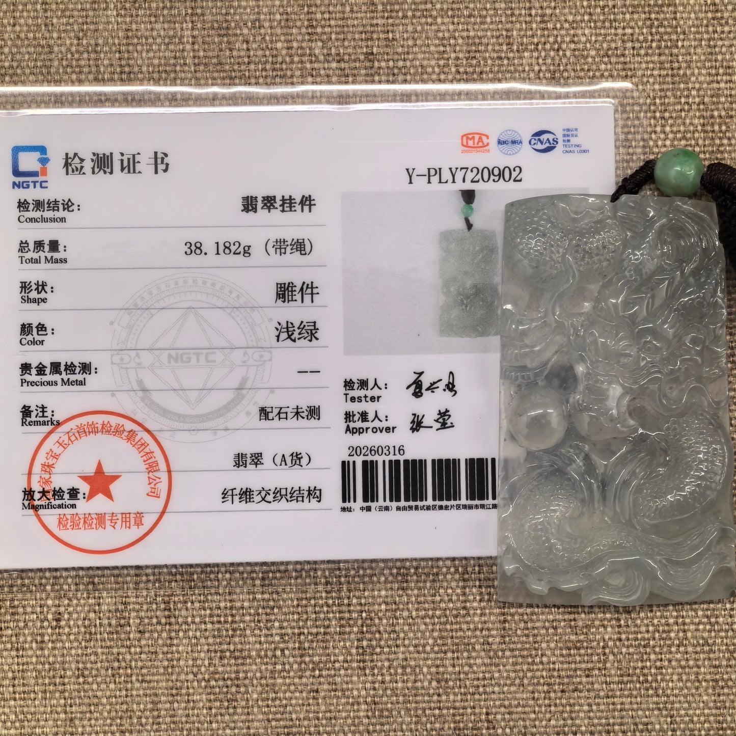 Natural Grade-A Icy Translucent Pale Green Dragon Plaque Pendant · Burmese Jade