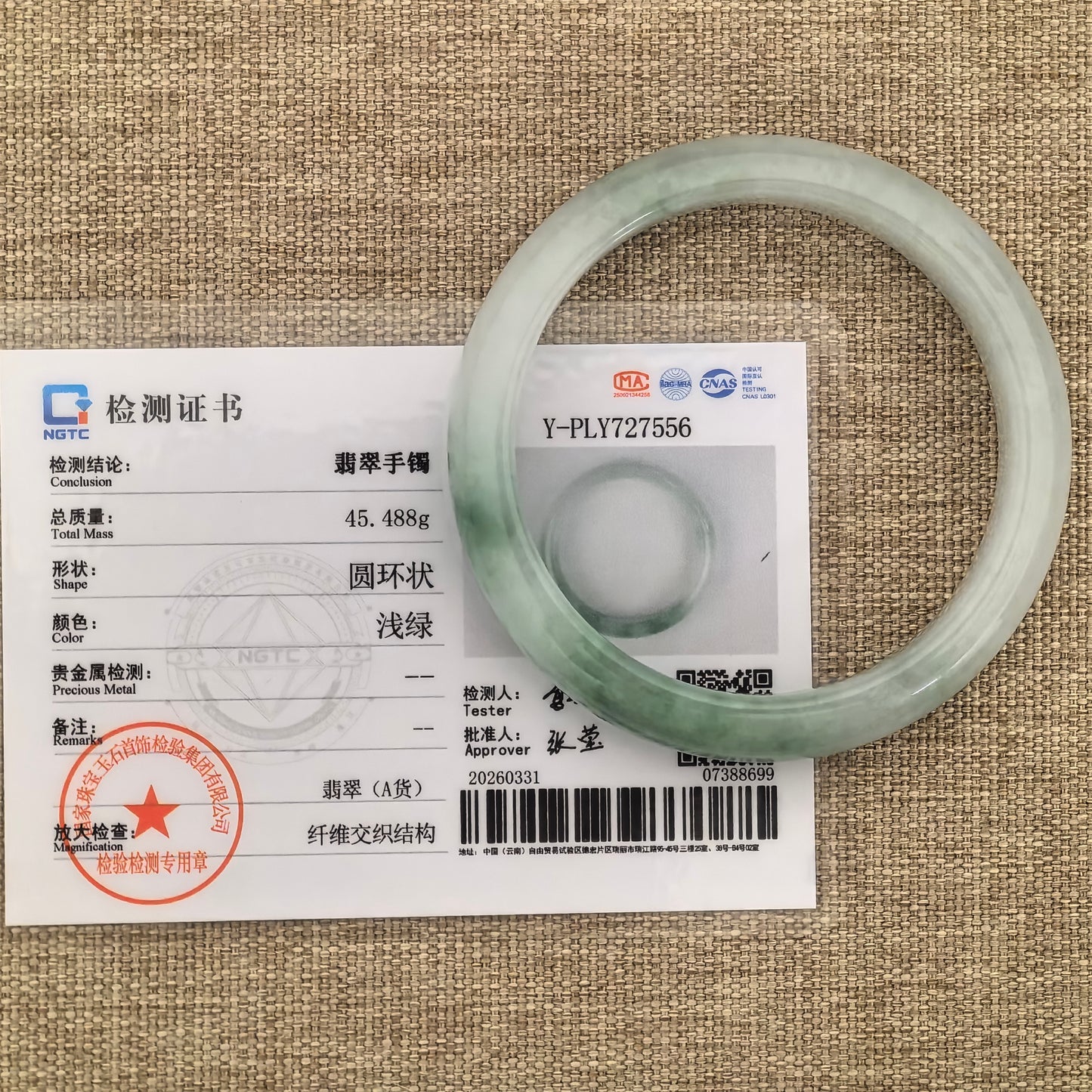 Natural Grade-A Jadeite Fine Glutinous White Base Light Green D-Shape Bangle · Burmese Jade 54mm