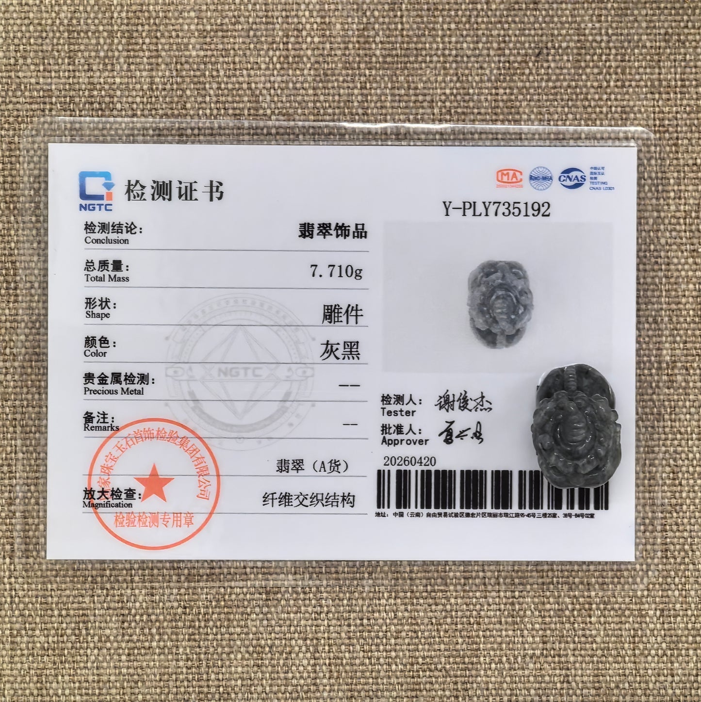NGTC certified glutinous black-gray Pixiu jadeite ornament shown with matching certificate.
