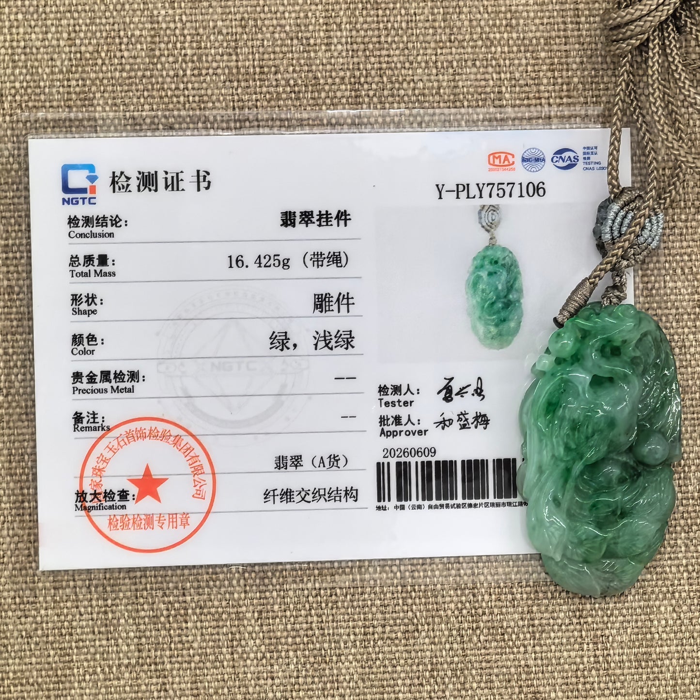 NGTC certified Natural Grade-A green phoenix jadeite pendant shown with matching certificate and 16.425 g weight.