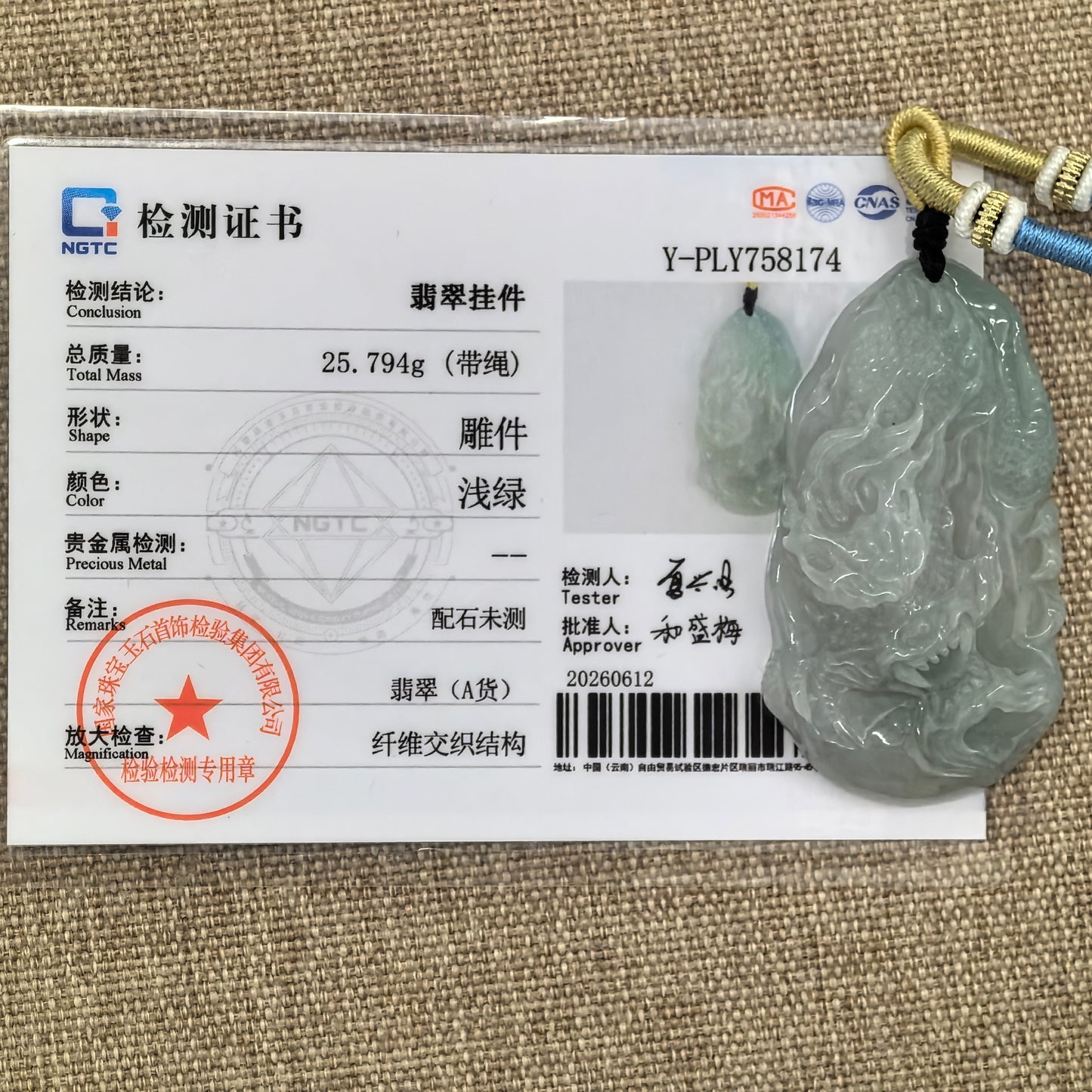 NGTC certified Natural Grade-A pale green jadeite dragon pendant with matching certificate and 25.794 g weight.
