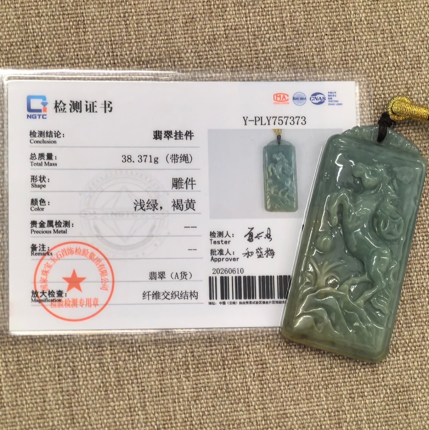 NGTC certified Natural Grade-A deep green horse jadeite pendant with matching certificate and 38.371 g total weight including cord.