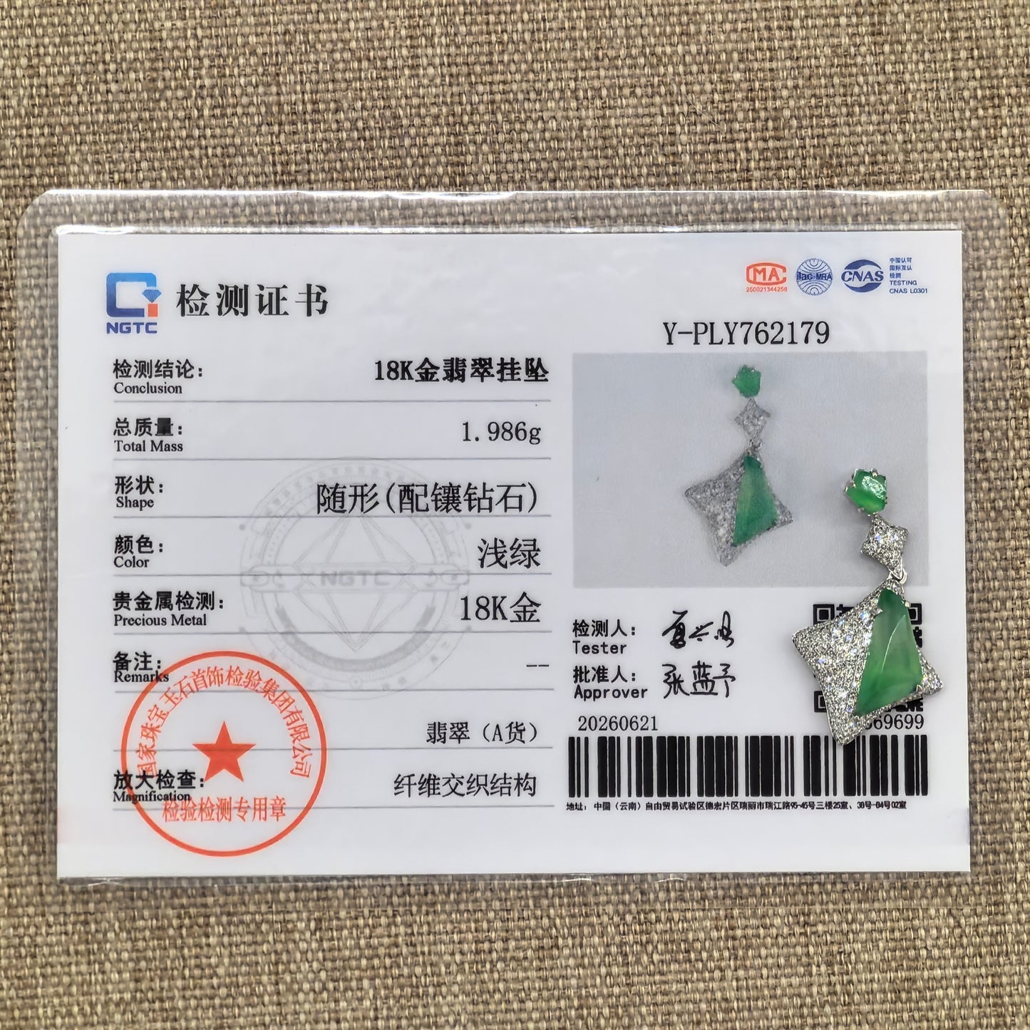 NGTC-certified natural Grade-A green jadeite pendant displayed with matching certificate.