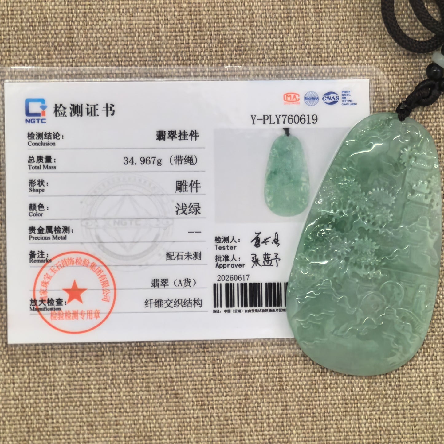 NGTC-certified natural Grade-A green landscape jadeite pendant displayed with matching certificate.