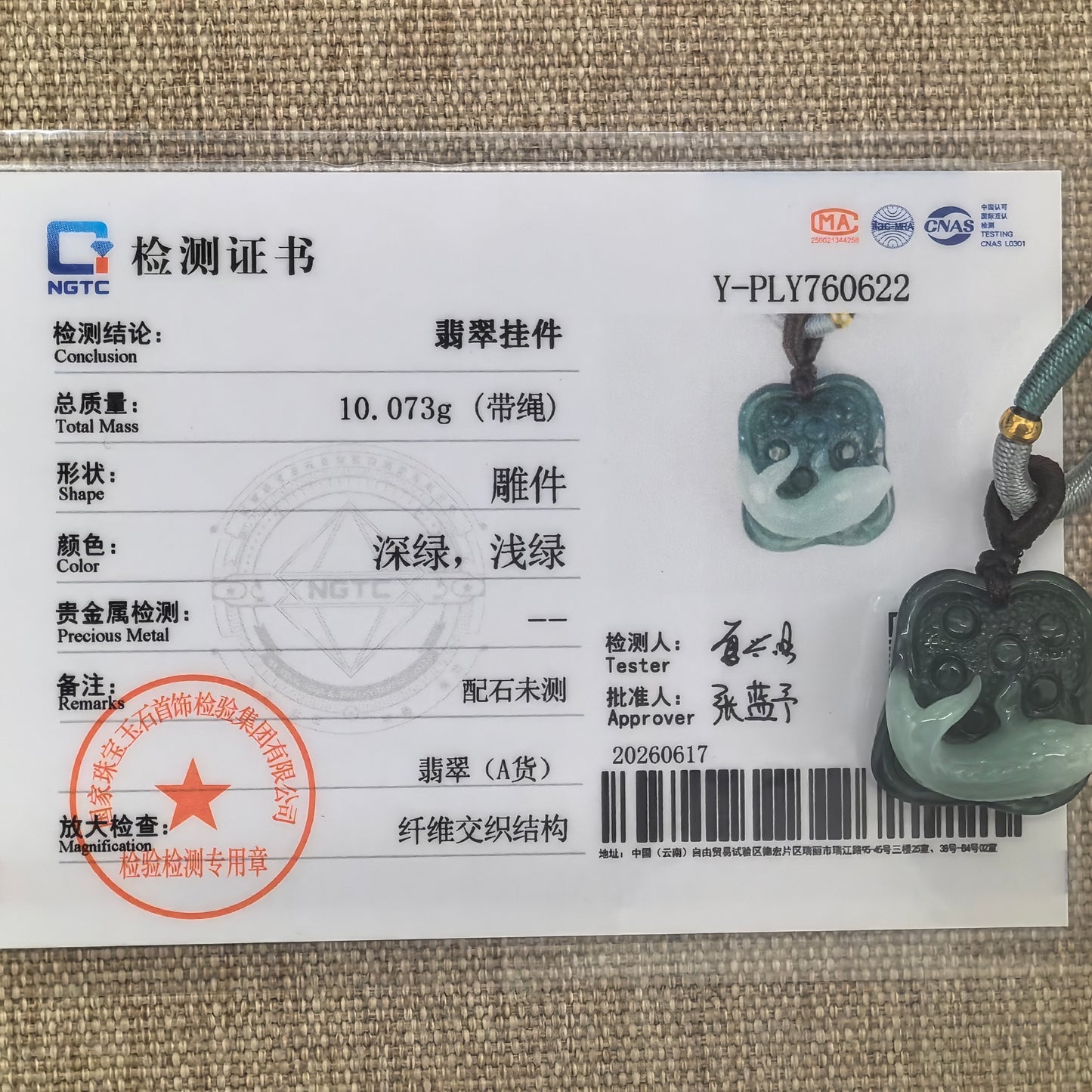 NGTC certified natural Grade-A light and dark green jadeite pendant shown with matching certificate.
