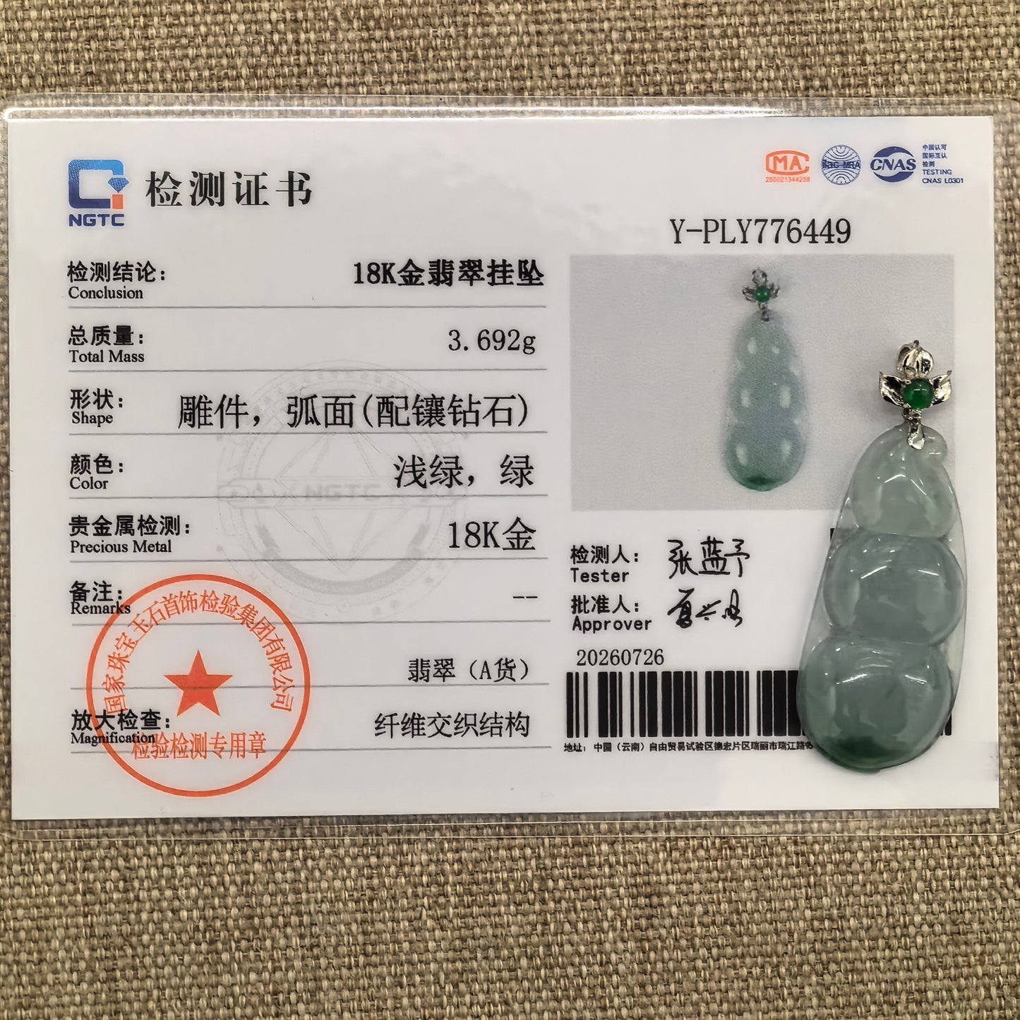 NGTC certified natural Grade-A light green bean jadeite pendant shown with its matching certificate.