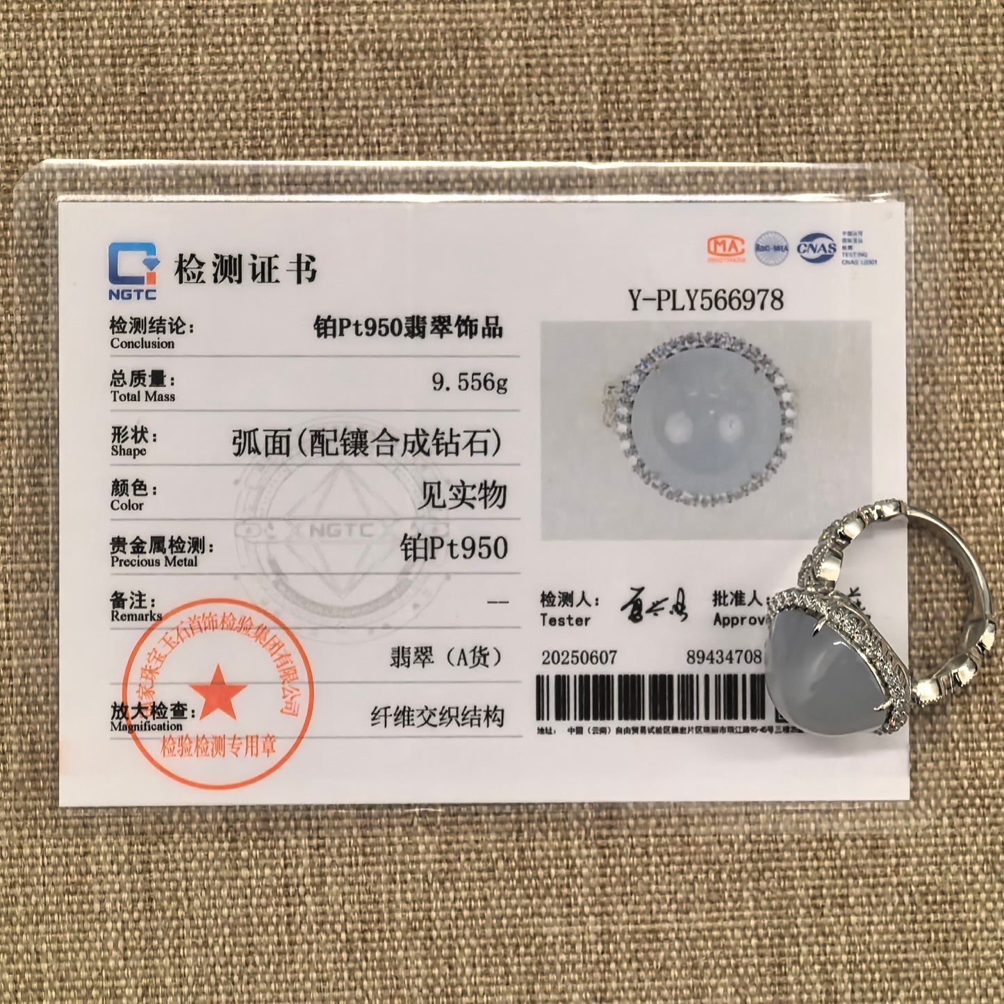 NGTC certified natural Grade-A light blue Burmese jadeite ring shown with its matching certificate confirming Pt950 platinum and synthetic diamond setting.