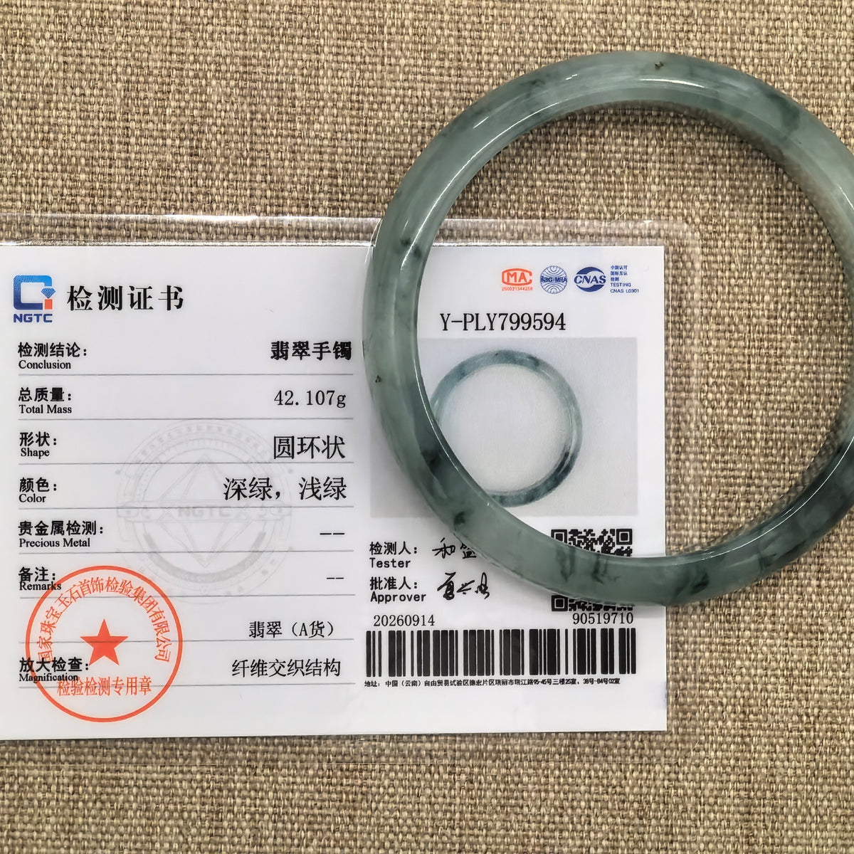 Green floating-pattern jadeite bangle displayed with its matching NGTC certificate on tan woven fabric.