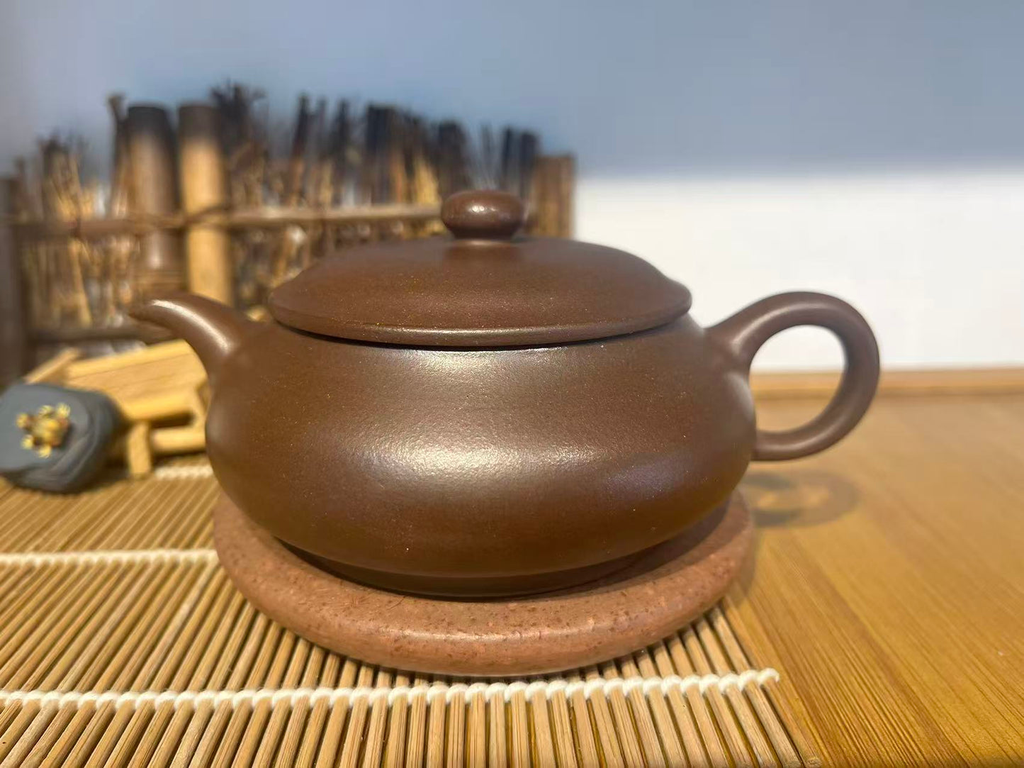 Yixing Zisha Teapot 220ml – Handmade Flat Round Purple Clay Teapot