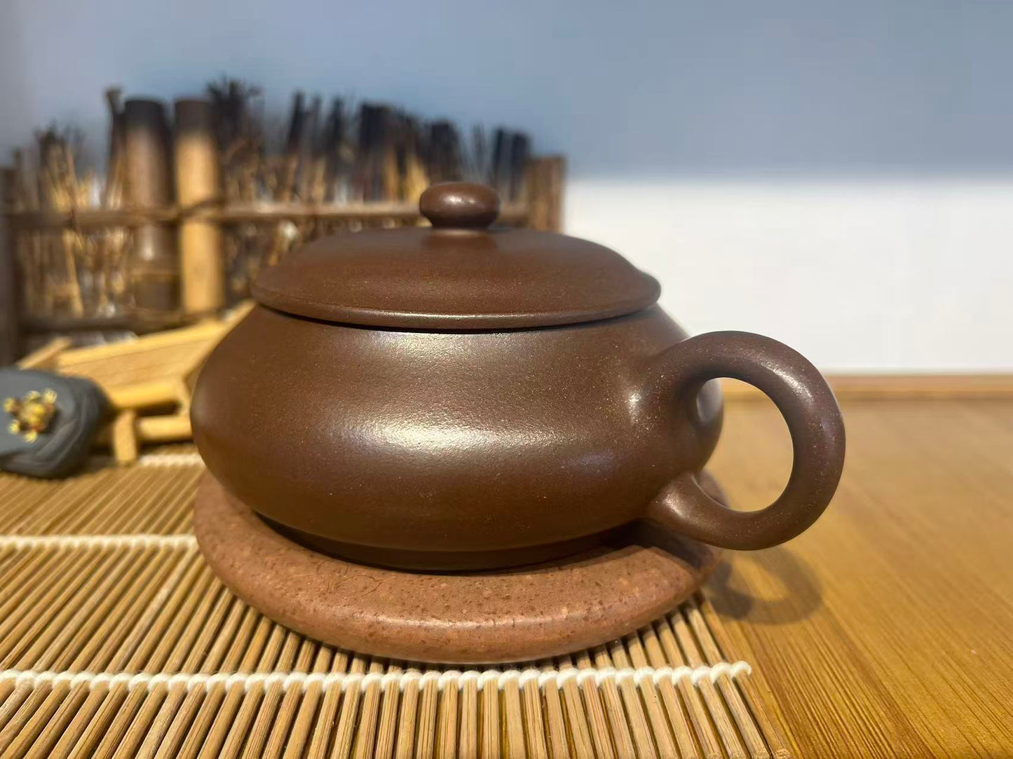 Yixing Zisha Teapot 220ml – Handmade Flat Round Purple Clay Teapot