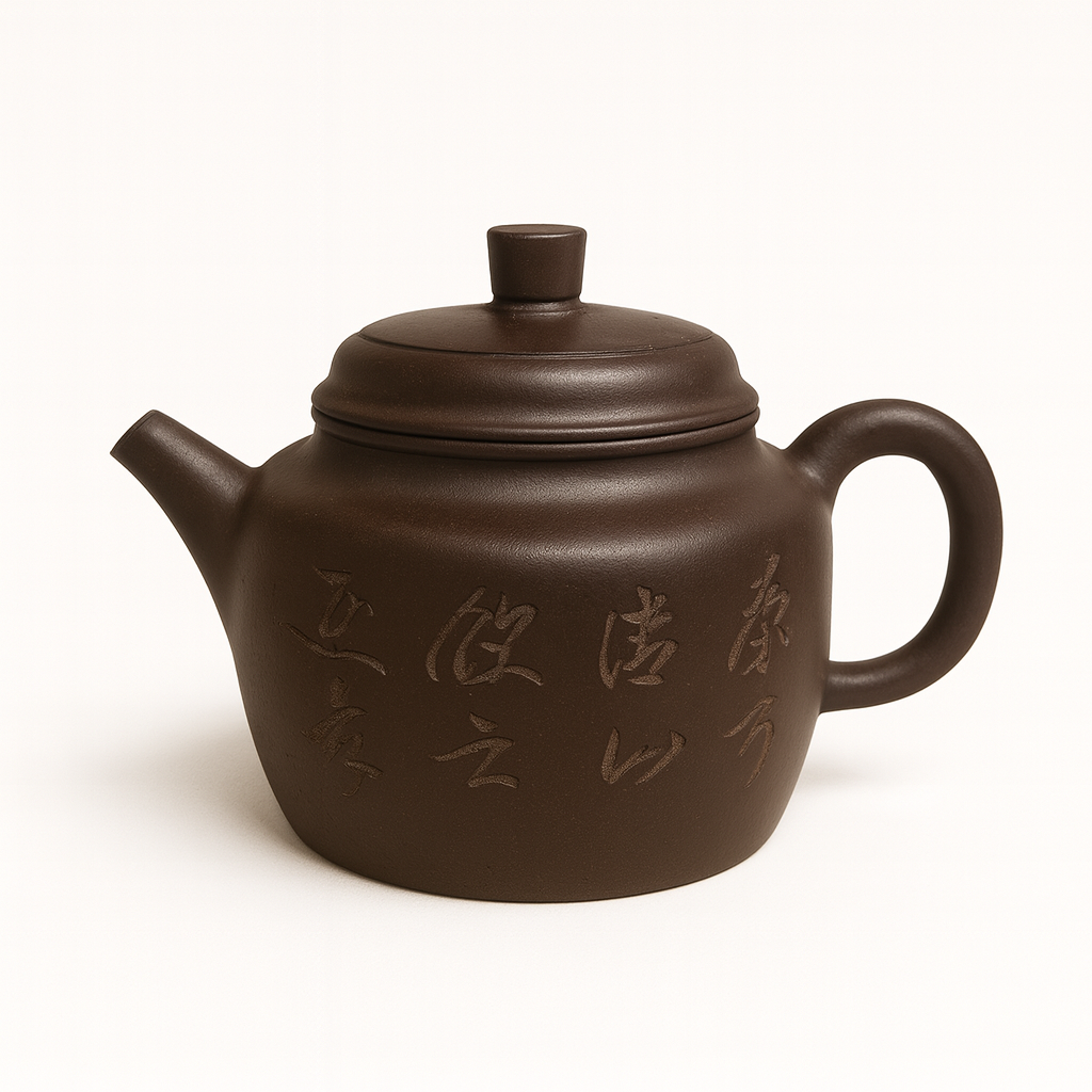 Yixing Zisha Teapot 200ml – Handmade Straight Wall Purple Clay Teapot with Calligraphy