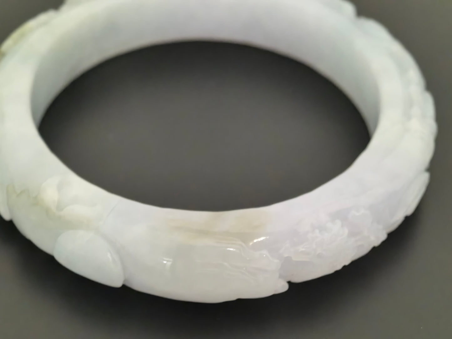 Natural Grade-A Jadeite Bangle – Carved Landscape Glutinous Burmese Jade 55.5mm
