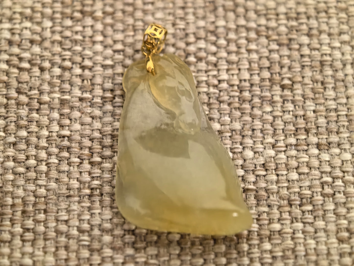 Natural Grade-A Jadeite Icy Yellow Horse Head Pendant with 18K Gold Bail · Burmese Jade