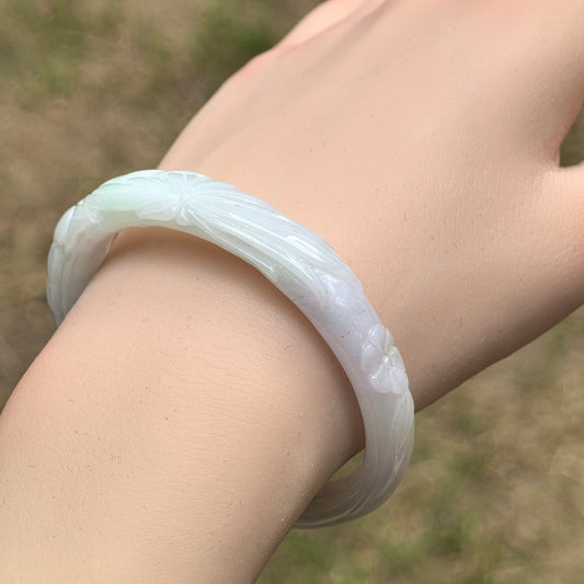 Natural Grade-A Jadeite Oval Bangle – White and Light Lavender Base with Hint of Green, Carved Burmese Jade 53mm