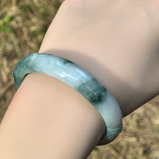 Natural Grade-A Jadeite Oval Bangle – Carved Dark Green Floral Glutinous Burmese Jade 50mm