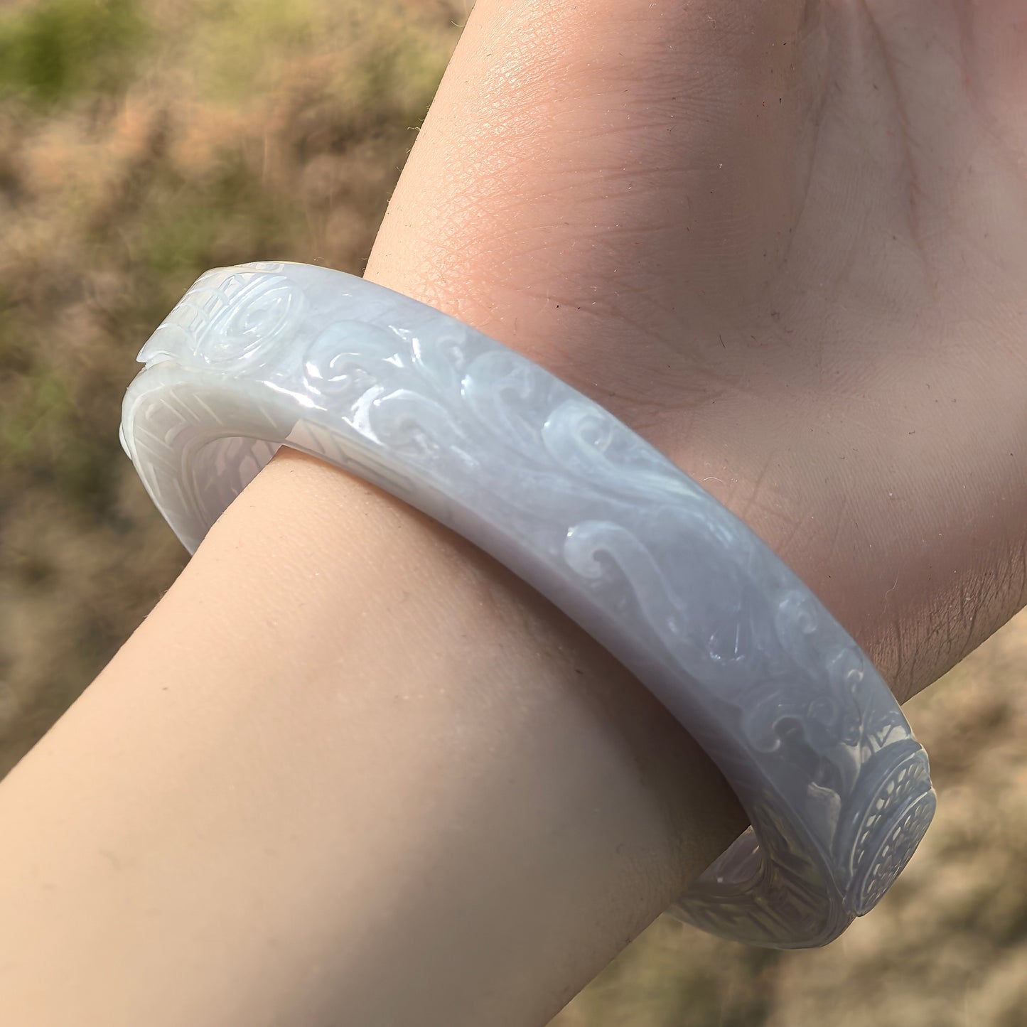 Natural Grade-A Jadeite Bangle – Large Carved Pale Glutinous Burmese Jade 60mm