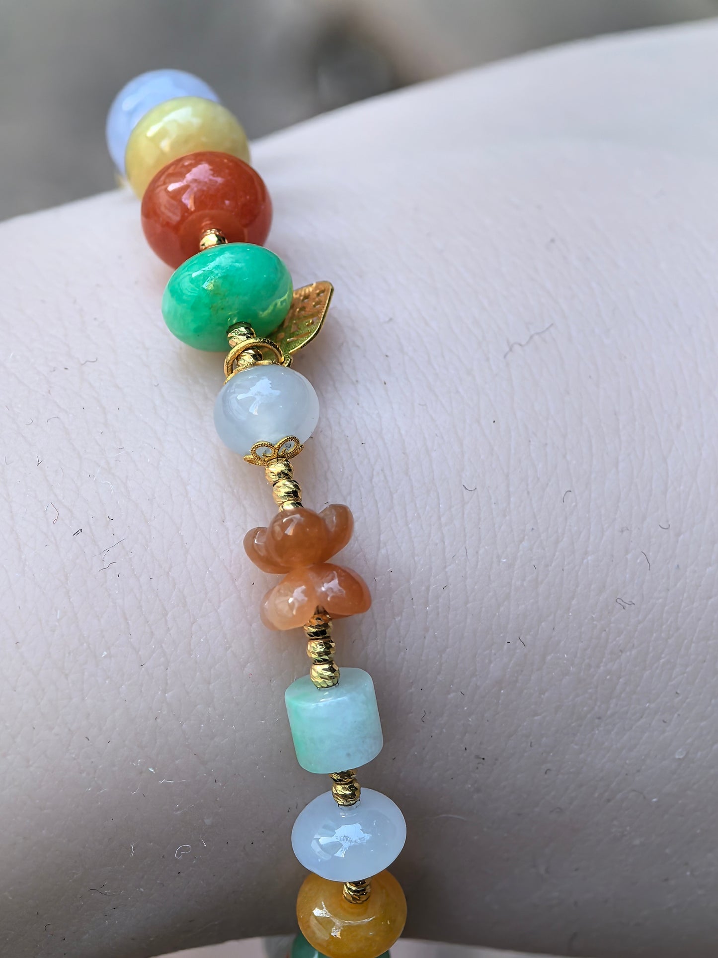 Natural Grade-A Jadeite Bracelet – 18K Gold Multicolor Burmese Jade Beads 6-8mm