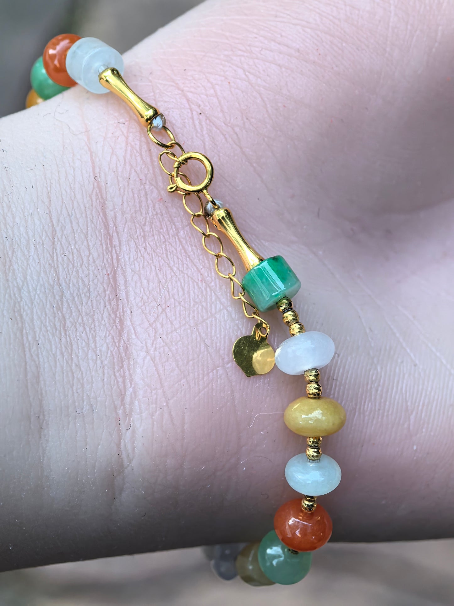 Natural Grade-A Jadeite Bracelet – 18K Gold Multicolor Burmese Jade Beads 6-8mm