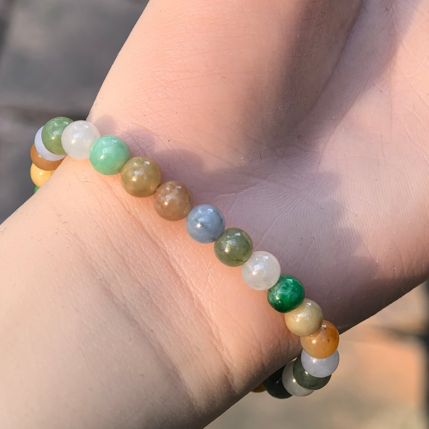 Natural Grade-A Jadeite Bracelet – Multicolor Glutinous Burmese Jade Beads 6.5mm