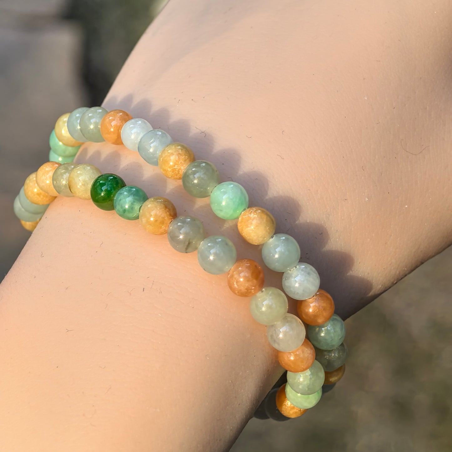 Natural Grade-A Jadeite Bracelet – Multicolor Glutinous Burmese Jade Beads Double Wrap 6mm