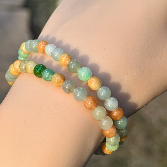 Natural Grade-A Jadeite Bracelet – Multicolor Glutinous Burmese Jade Beads Double Wrap 6mm