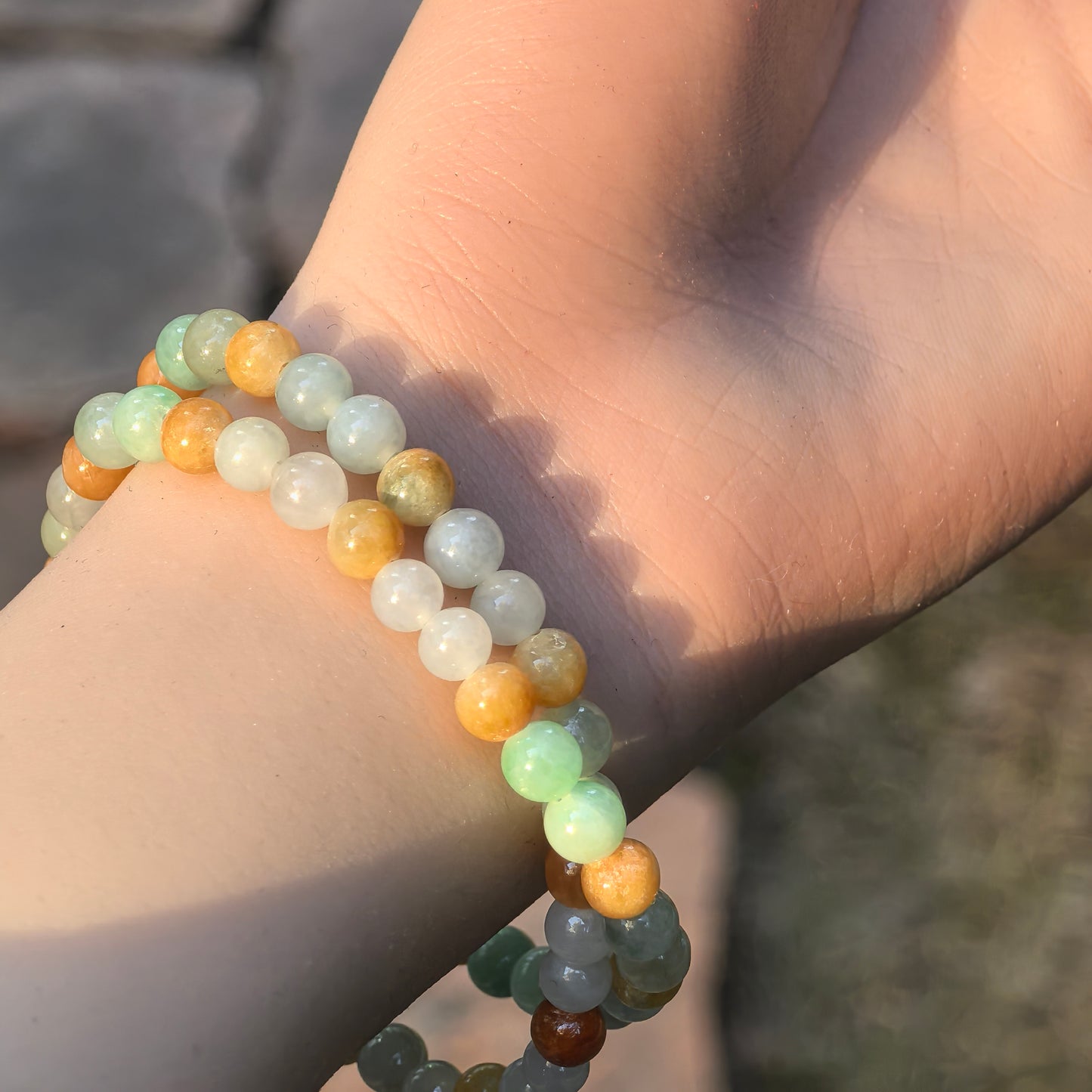 Natural Grade-A Jadeite Bracelet – Multicolor Glutinous Burmese Jade Beads Double Wrap 6mm