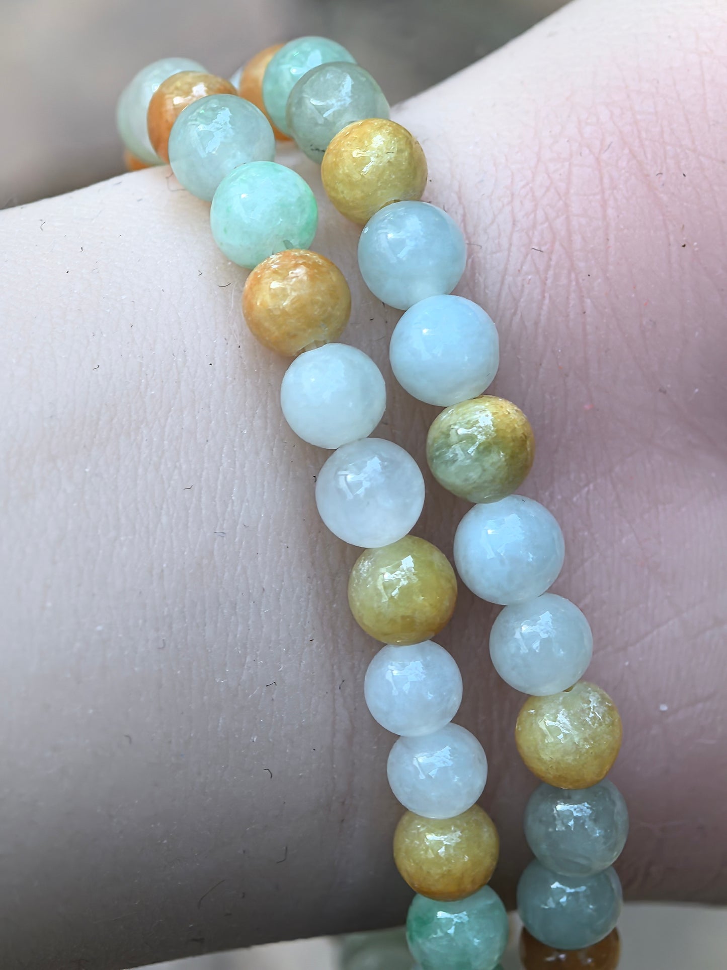 Natural Grade-A Jadeite Bracelet – Multicolor Glutinous Burmese Jade Beads Double Wrap 6mm