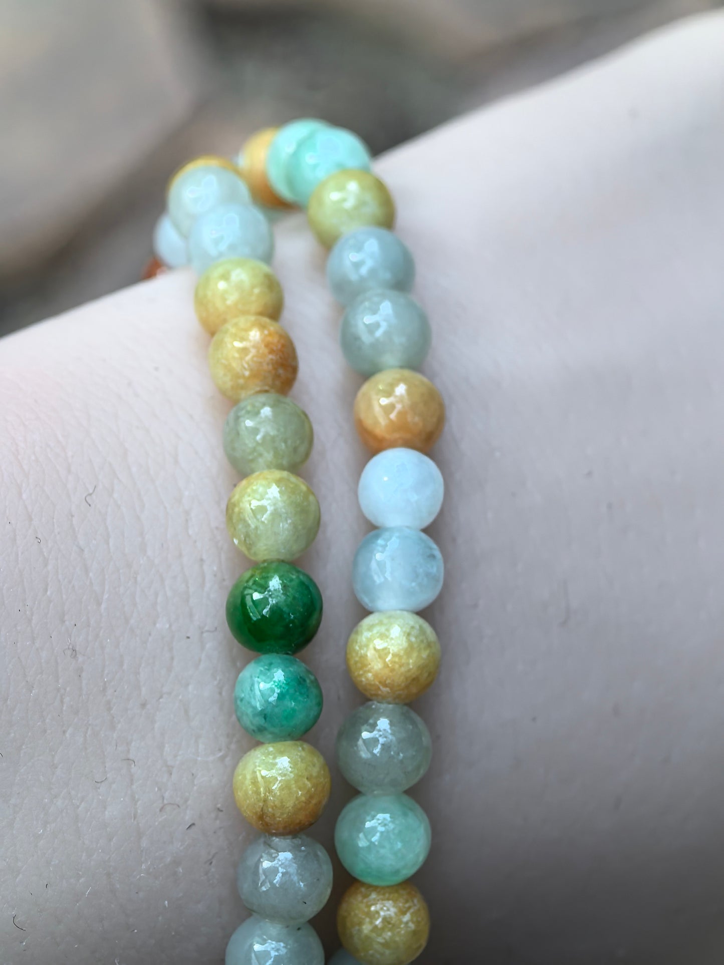 Natural Grade-A Jadeite Bracelet – Multicolor Glutinous Burmese Jade Beads Double Wrap 6mm