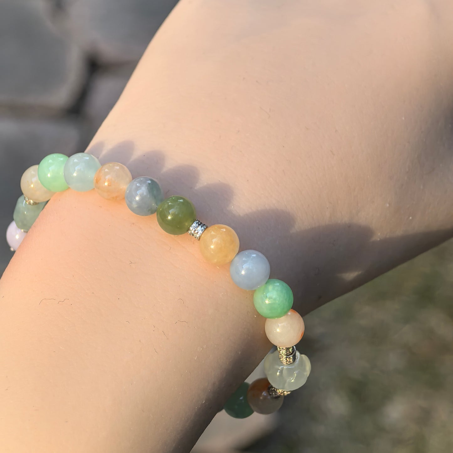 Natural Grade-A Jadeite Bracelet – Multicolor Icy Glutinous Burmese Jade Beads 7mm
