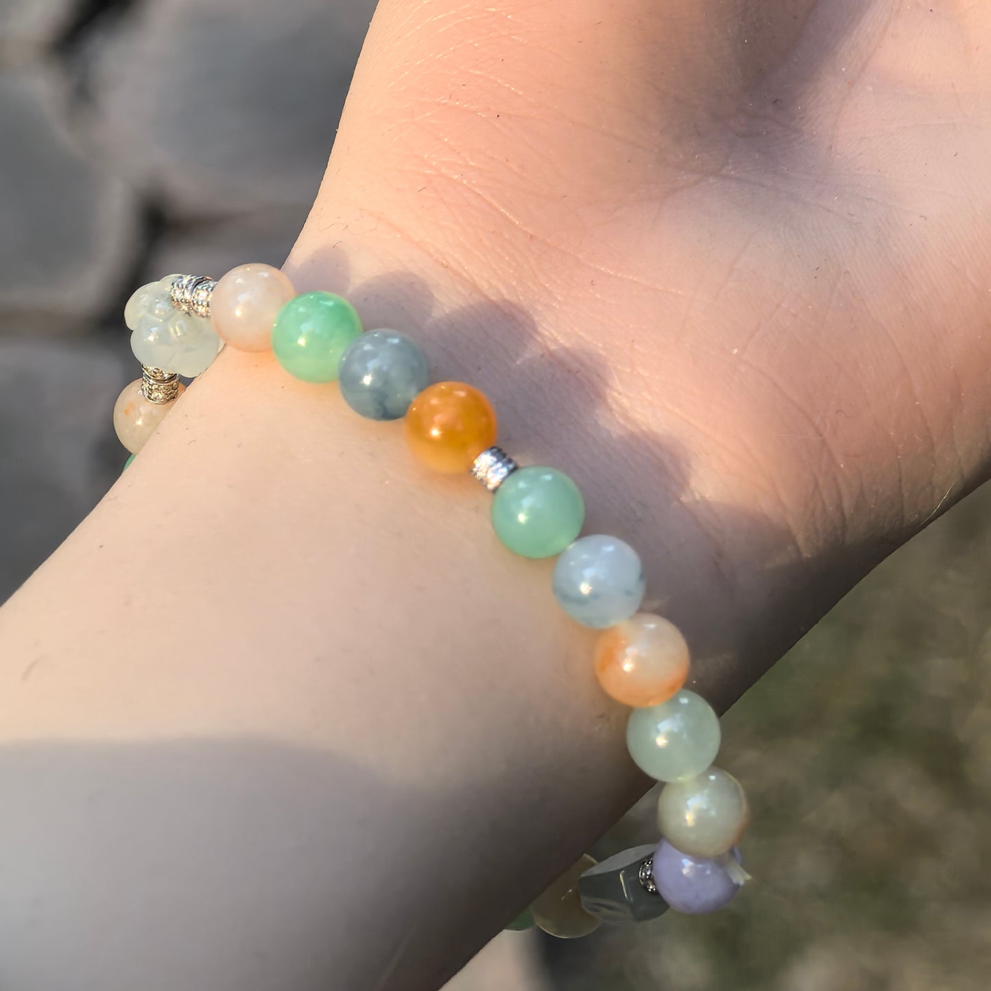 Natural Grade-A Jadeite Bracelet – Multicolor Icy Glutinous Burmese Jade Beads 7mm