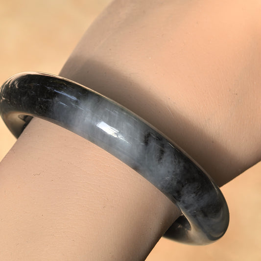 Natural Grade-A Jadeite Round Bangle – Half Black Grey Burmese Jade 52mm