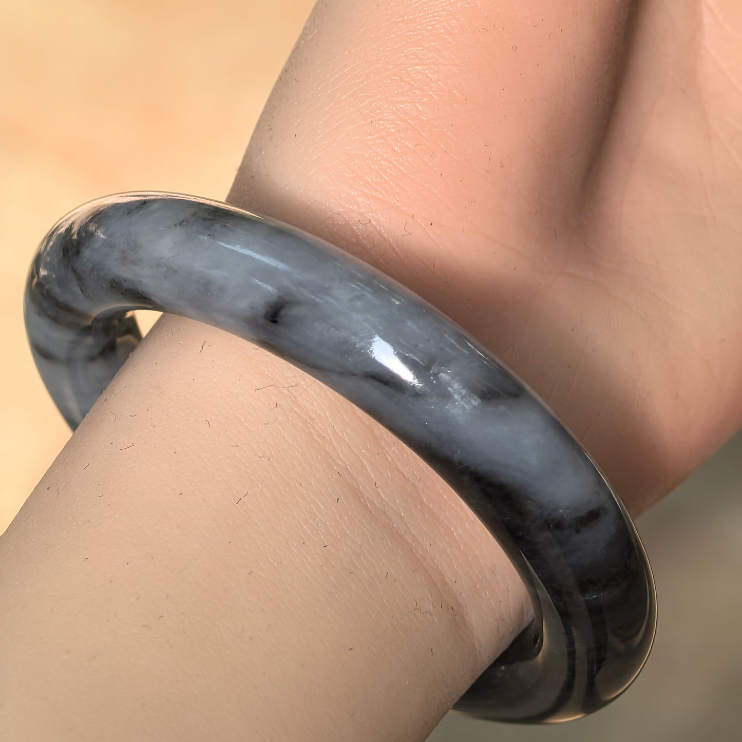 Natural Grade-A Jadeite Round Bangle – Half Black Grey Burmese Jade 52mm