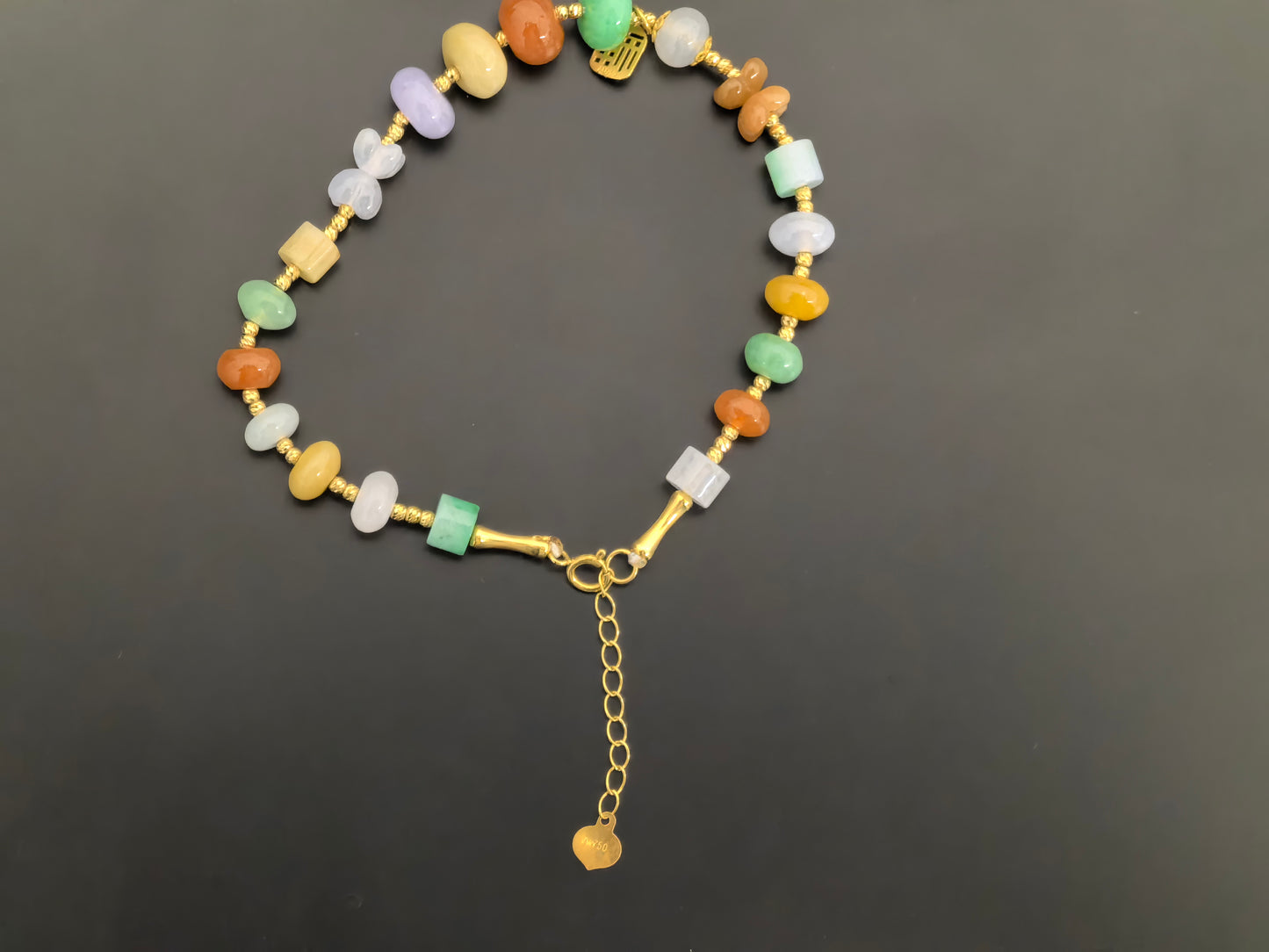 Natural Grade-A Jadeite Bracelet – 18K Gold Multicolor Burmese Jade Beads 6-8mm