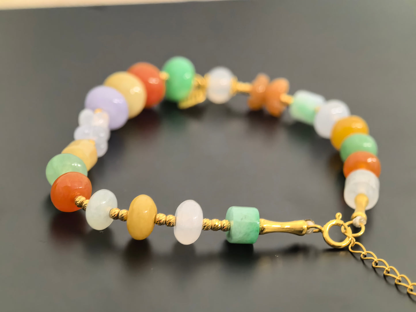 Natural Grade-A Jadeite Bracelet – 18K Gold Multicolor Burmese Jade Beads 6-8mm