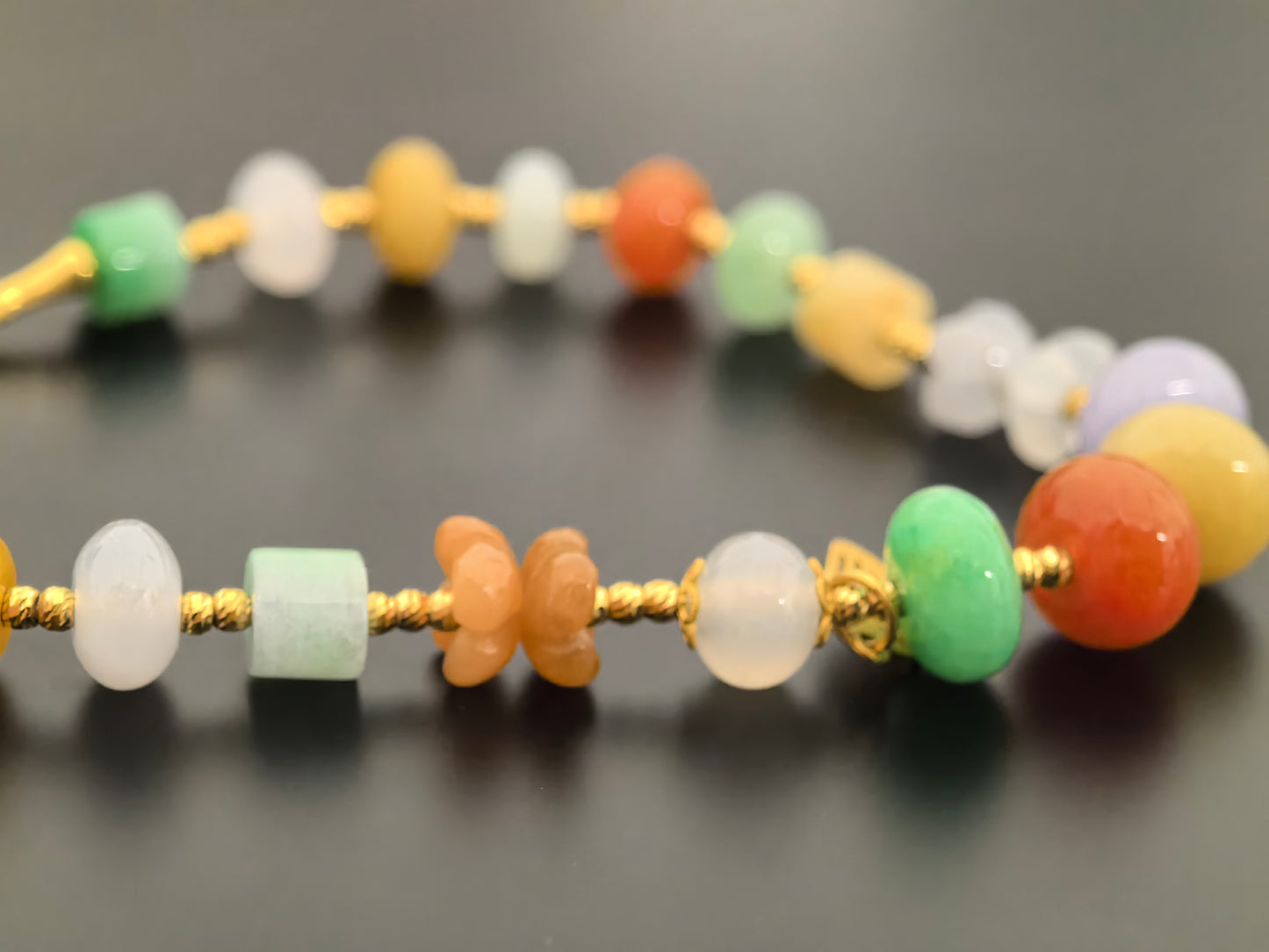 Natural Grade-A Jadeite Bracelet – 18K Gold Multicolor Burmese Jade Beads 6-8mm