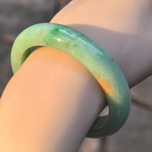 Natural Grade-A Jadeite D-Shape Bangle – Apple Green “Gold Splash” Burmese Jade 55mm