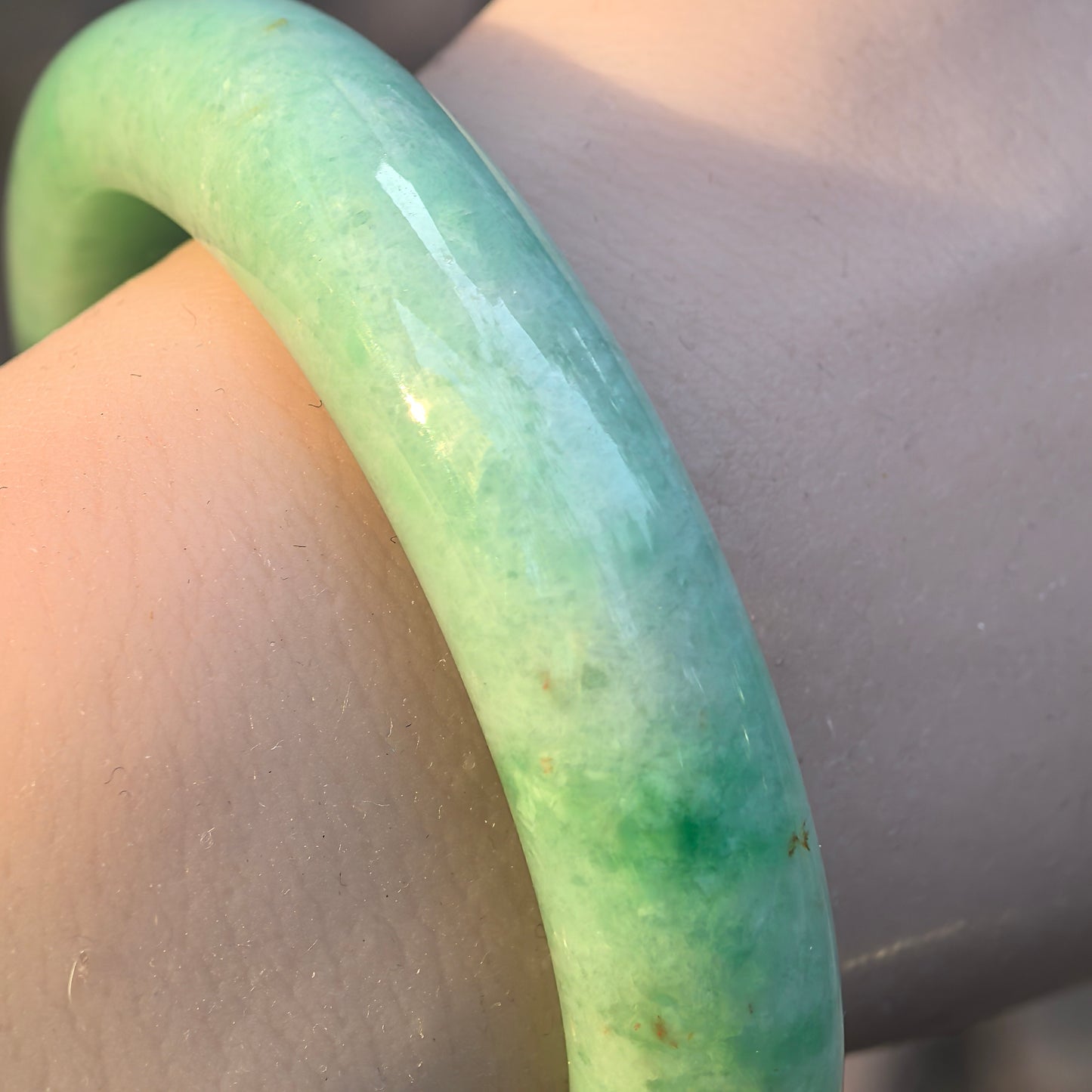 Natural Grade-A Jadeite D-Shape Bangle – Apple Green “Gold Splash” Burmese Jade 55mm