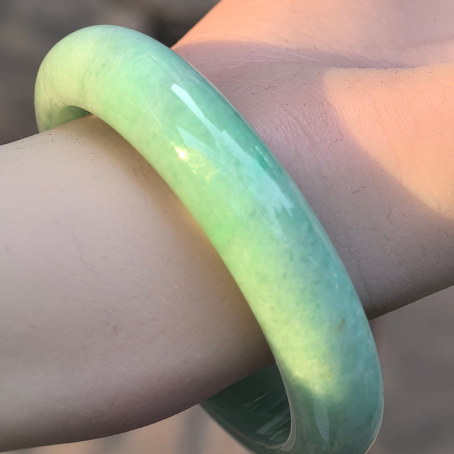 Natural Grade-A Jadeite D-Shape Bangle – Apple Green “Gold Splash” Burmese Jade 55mm
