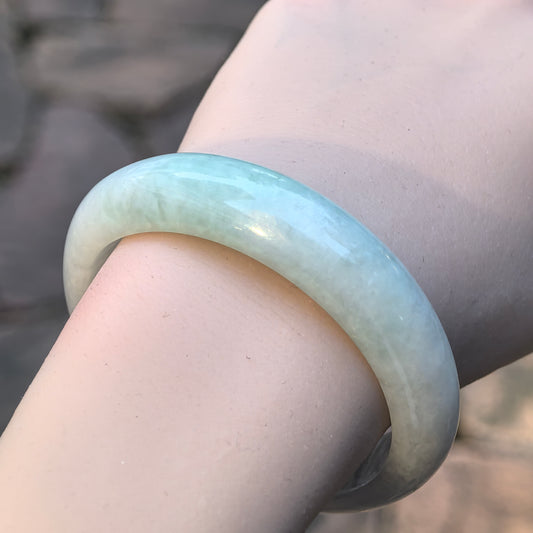 Natural Grade-A Jadeite Bangle – Pale Green Glutinous Burmese Jade D-Shape 54.5mm