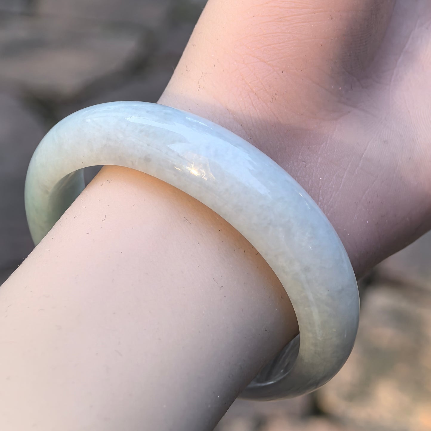 Natural Grade-A Jadeite Bangle – Pale Green Glutinous Burmese Jade D-Shape 54.5mm