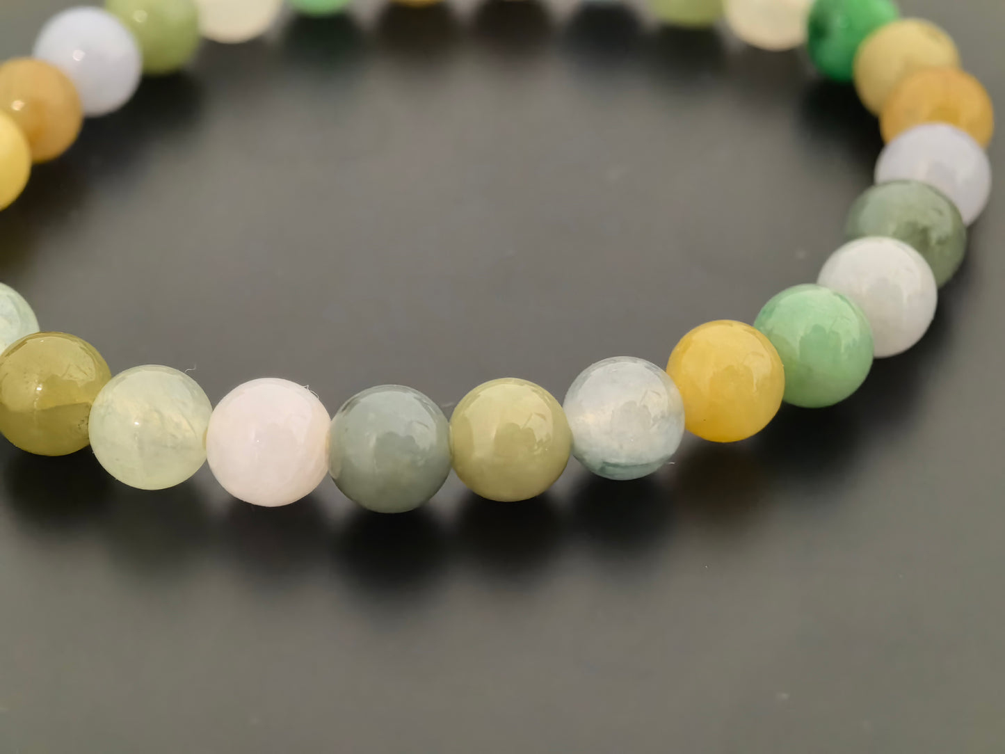 Natural Grade-A Jadeite Bracelet – Multicolor Glutinous Burmese Jade Beads 6.5mm