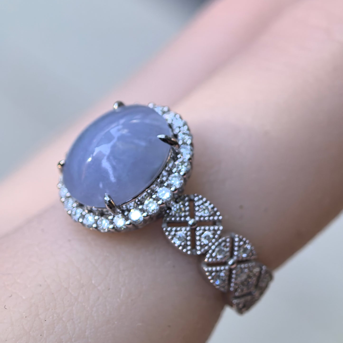 Natural Grade-A Jadeite Lavender Cabochon Ring – Burmese Jade in Platinum Pt950 Setting