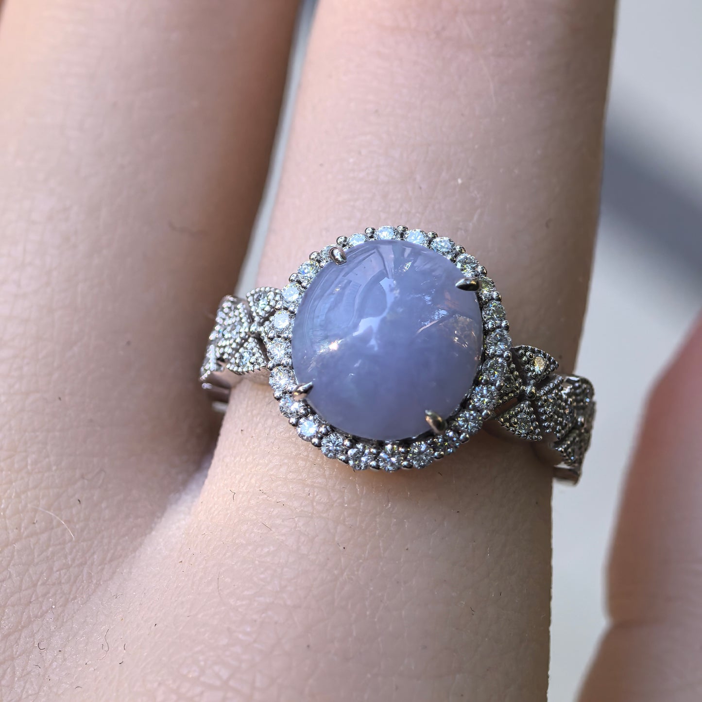 Natural Grade-A Jadeite Lavender Cabochon Ring – Burmese Jade in Platinum Pt950 Setting
