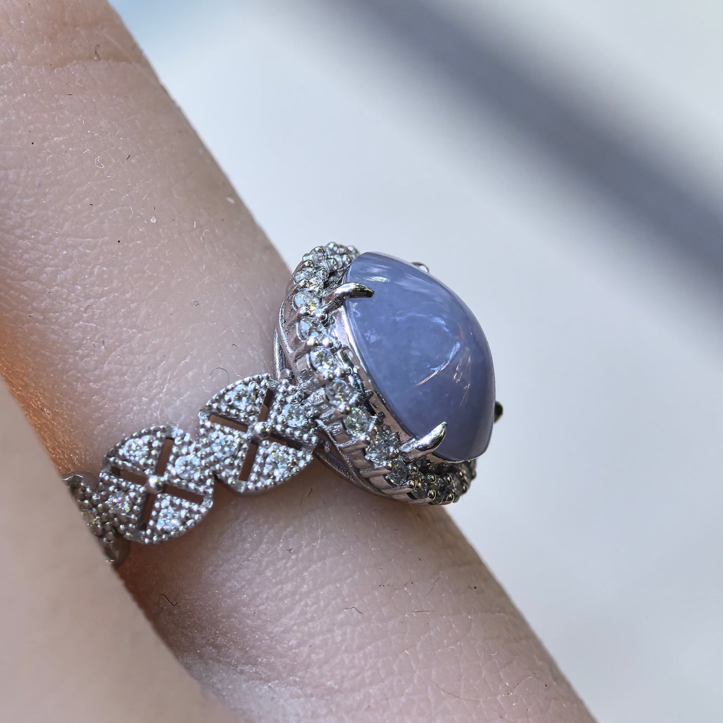 Natural Grade-A Jadeite Lavender Cabochon Ring – Burmese Jade in Platinum Pt950 Setting