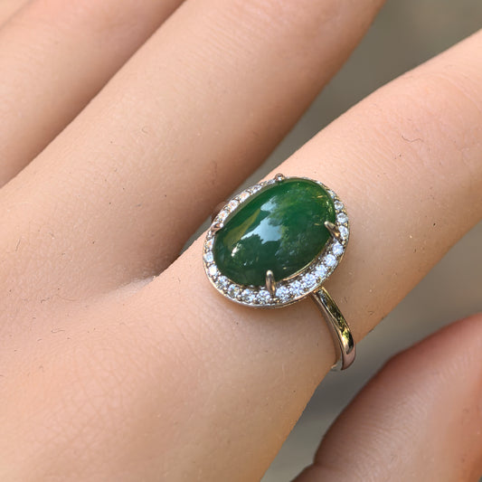 Natural Grade-A Silver-Set Glutinous Icy Oil-Green Jadeite Ring · Burmese Jadeite