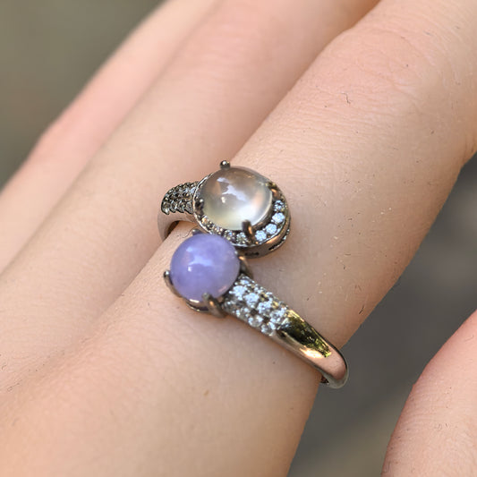 Natural Grade-A Silver-Set White Icy & Lavender Jadeite Twin Ring · Burmese Jadeite
