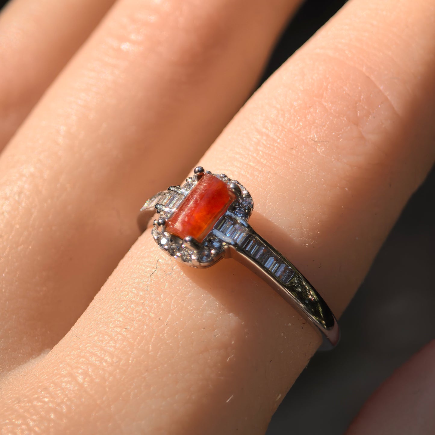 Natural Grade-A Silver-Set Red Jadeite Rectangular Ring · Burmese Jade