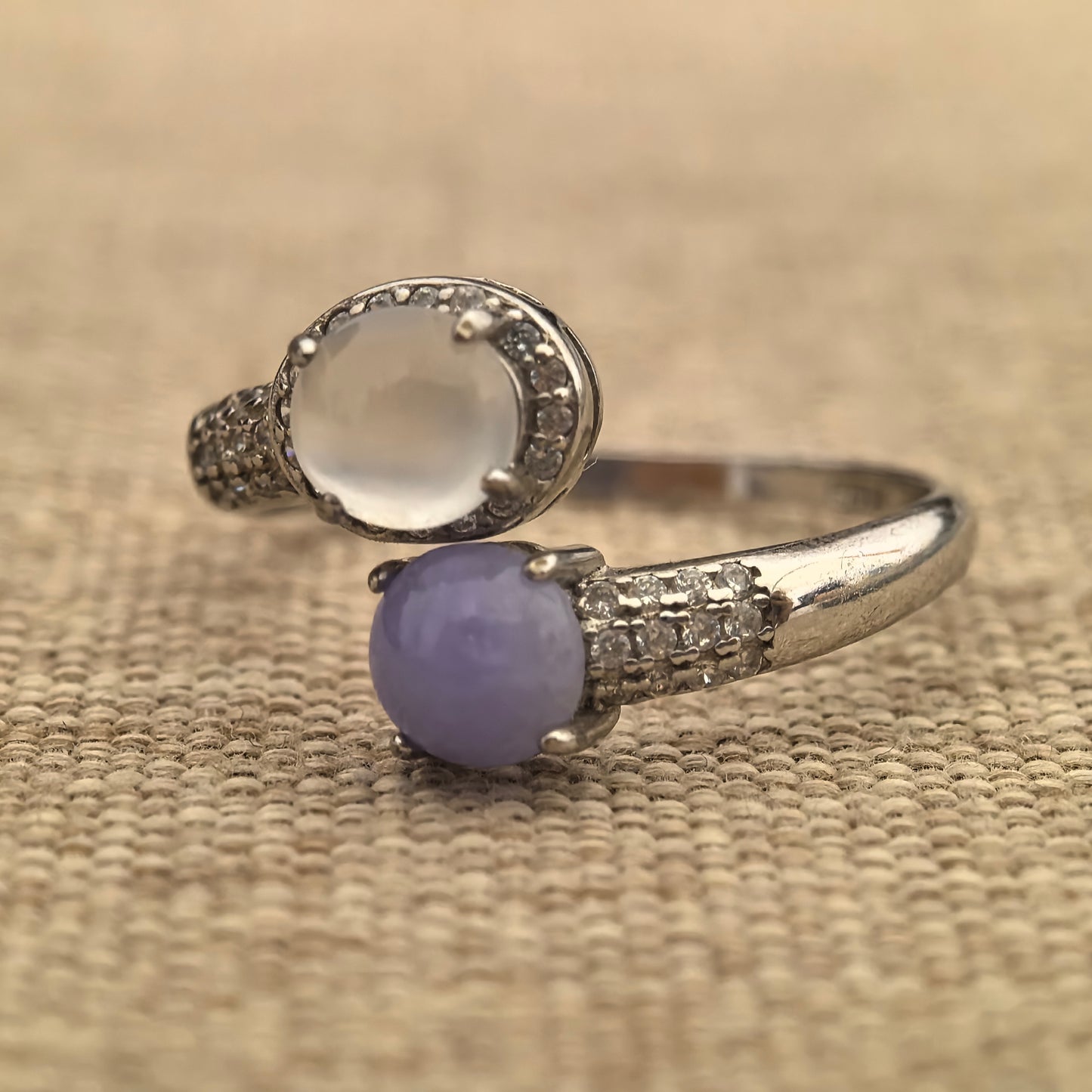 Natural Grade-A Silver-Set White Icy & Lavender Jadeite Twin Ring · Burmese Jadeite