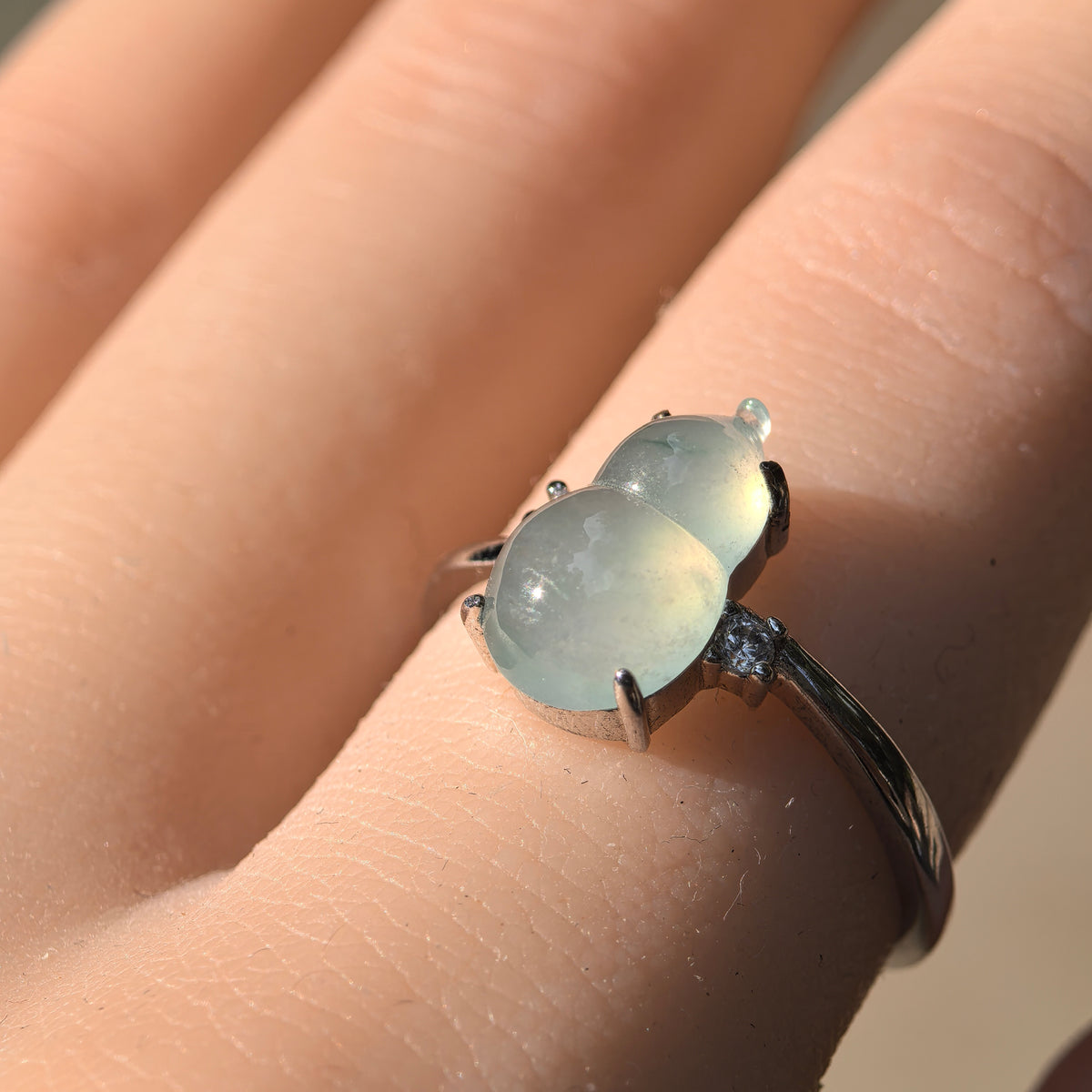 Icy Glutinous Pale Green Gourd Hulu Jadeite Ring -US6 Adjustable