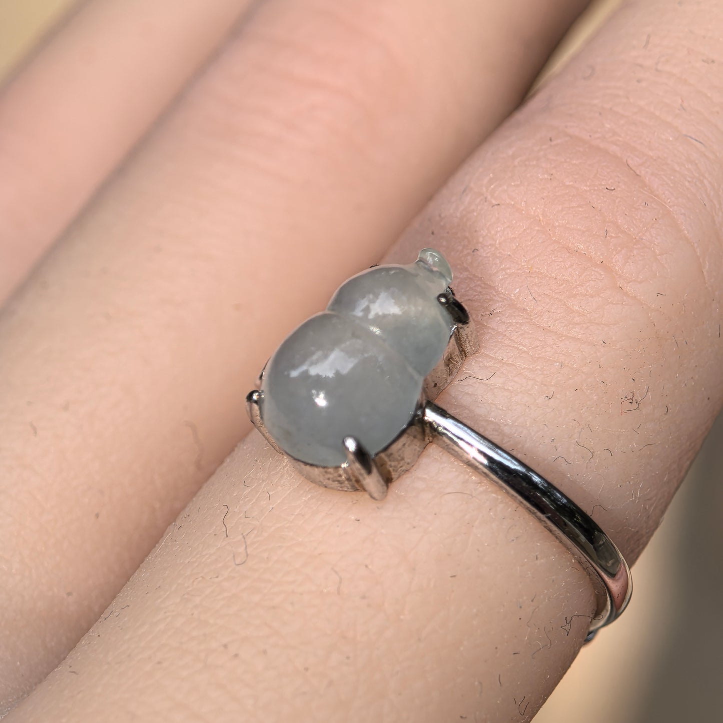 Natural Grade-A Silver-Set Icy Glutinous Gourd (Hulu) Jadeite Ring · Burmese Jadeite